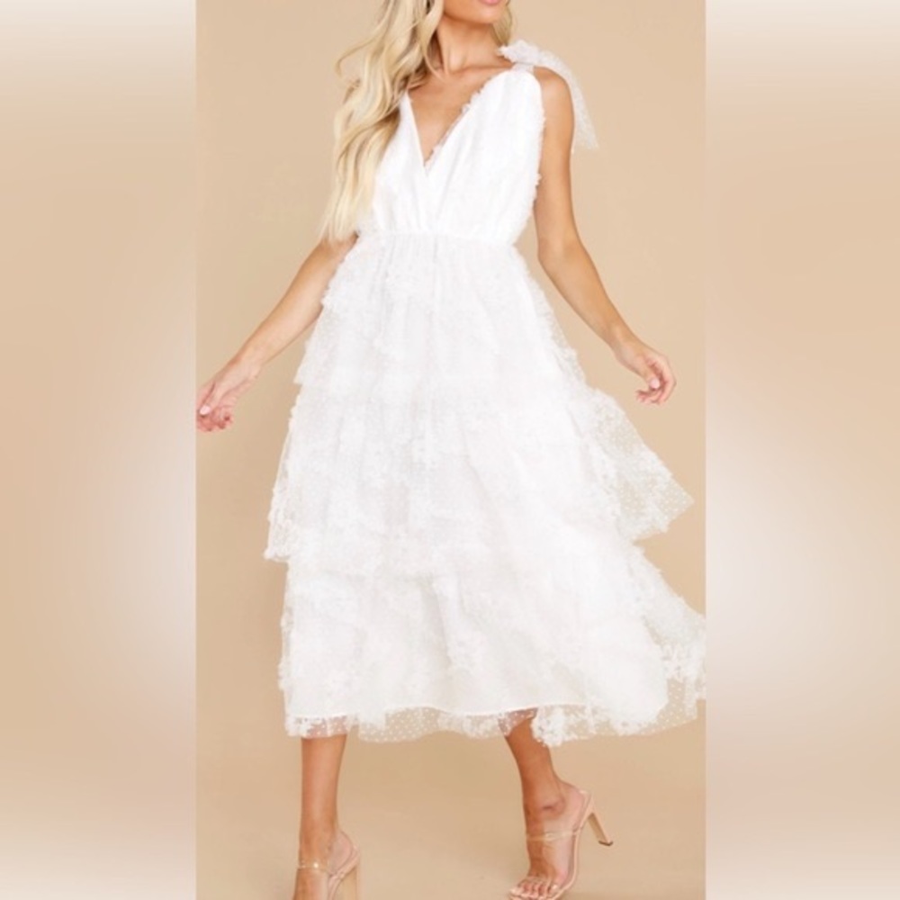 NWT White Tiered Tulle Tie Sleeve Midi Dress Size Small
